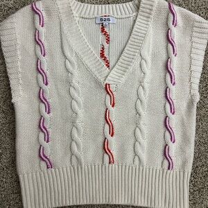 525 America Women's V-Neck Sweater in Cream with Red and Purple Accents